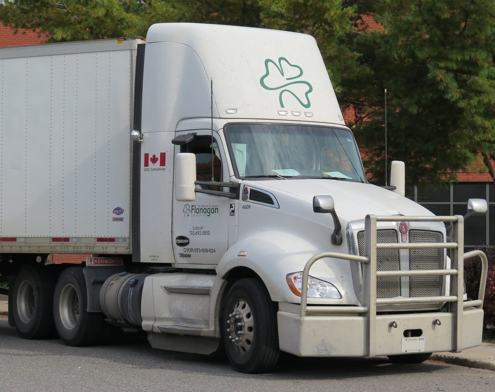 White day-cab tractor with a Canadian plate